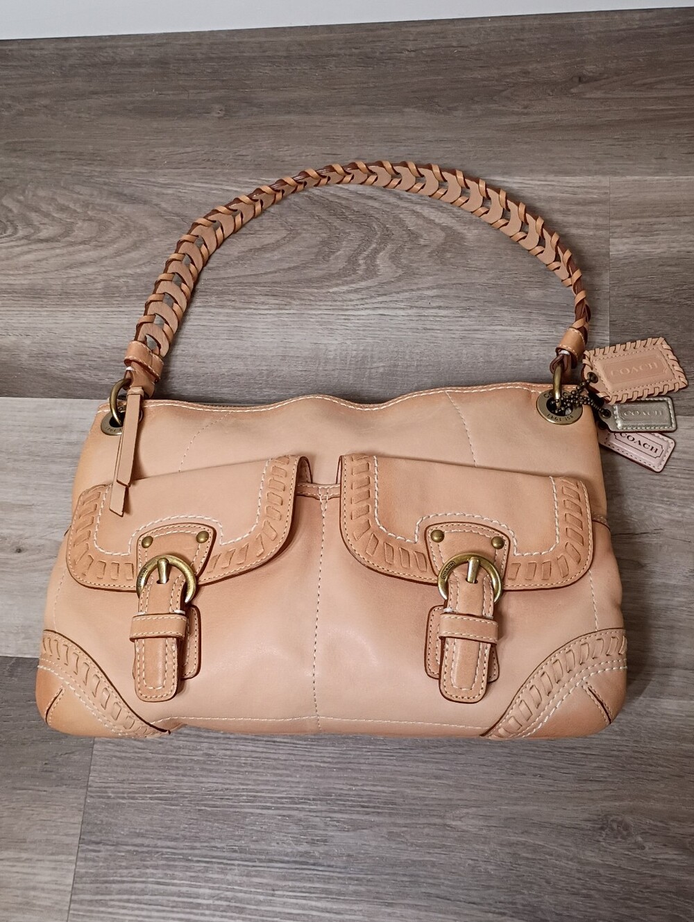Coach Vintage 2010s 2 Way Tan Leather Stitch Buckle Soho Hobo Boho Shoulder Bag